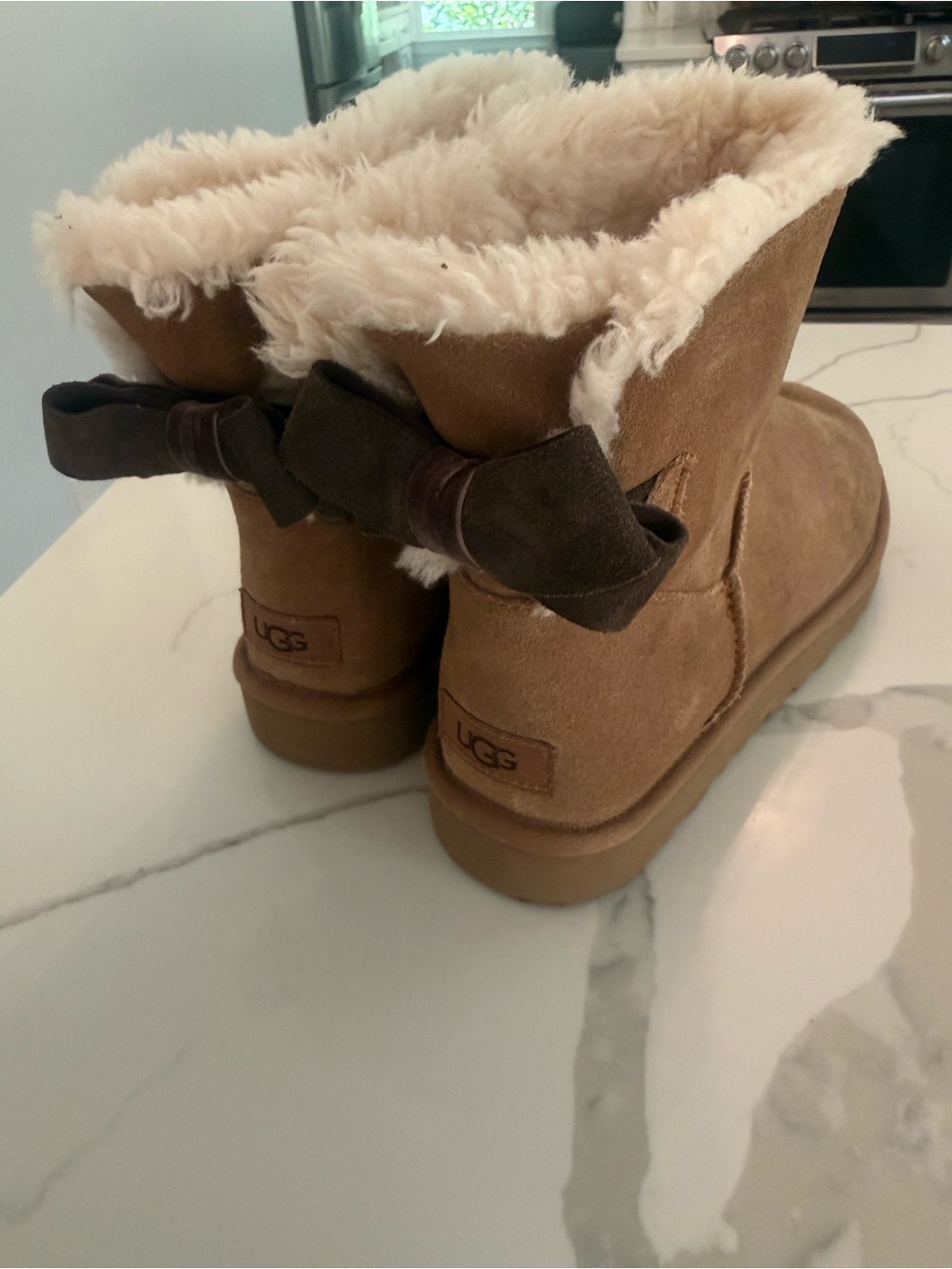 UGG Chestnut Suede Short Boots with Shearling and Back Bow